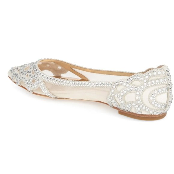Badgley Mischka Gigi Cream Satin Pointed Toe Crystal Flats - Picture 2 of 8
